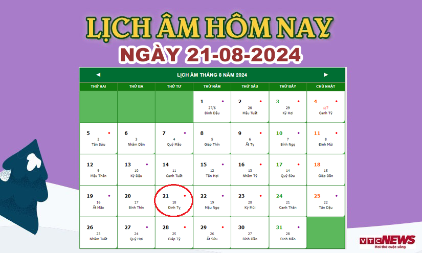 Xem lịch âm hôm nay ngày 21/8/2024