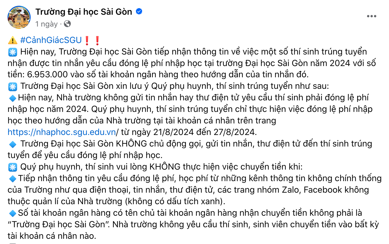 Trường Đại học Sài Gòn phát cảnh báo đến tân sinh viên trước chiêu trò lừa đảo thu lệ phí nhập học. (Ảnh chụp màn hình)