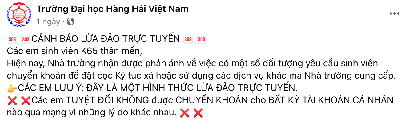 Đại học Hàng hải Việt Nam phát đi cảnh báo lừa đảo đóng tiền ký túc xá dành cho tân sinh viên. (Ảnh chụp màn hình)