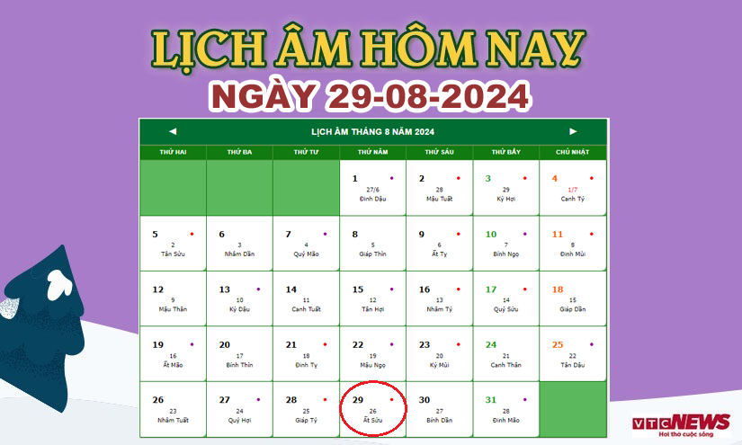 Xem lịch âm hôm nay ngày 29/8/2024