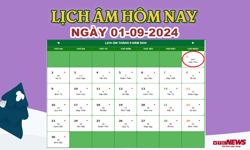 Xem lịch âm hôm nay ngày 1/9/2024