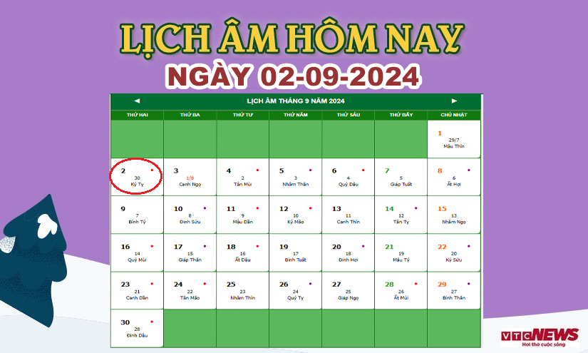 Xem lịch âm hôm nay ngày 2/9/2024