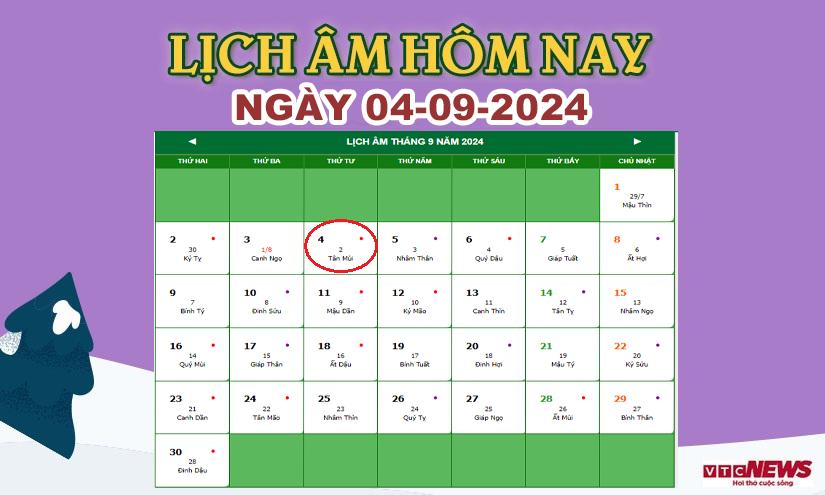 Xem lịch âm hôm nay ngày 4/9/2024