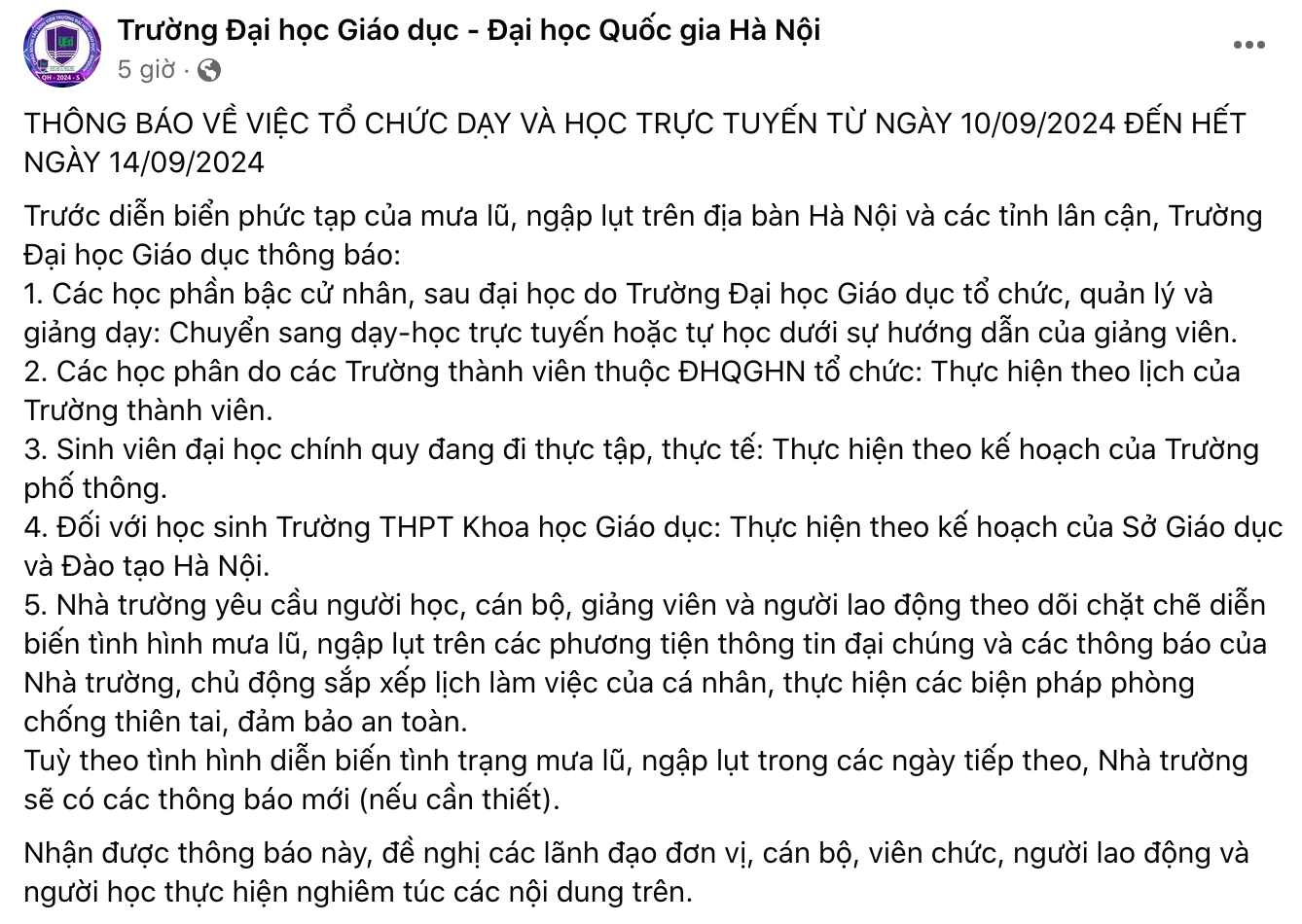 Đại học Giáo dục thông báo tổ chức dạy học trực tuyến cho sinh viên.