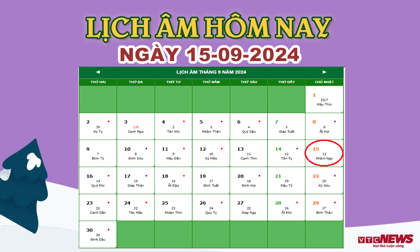 Xem lịch âm hôm nay ngày 15/9/2024