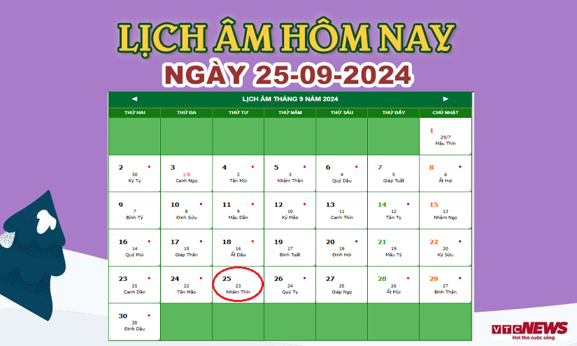 Xem lịch âm hôm nay ngày 25/9/2024.