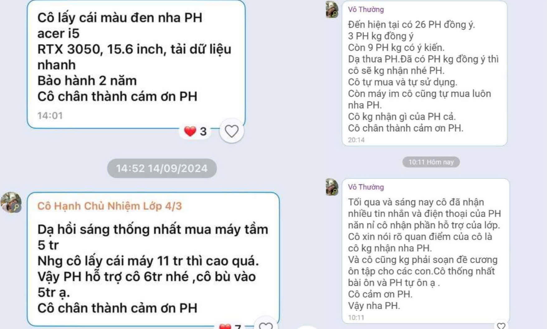 Tin nhắn của cô H. trong nhóm Zalo phụ huynh lớp 4/3.