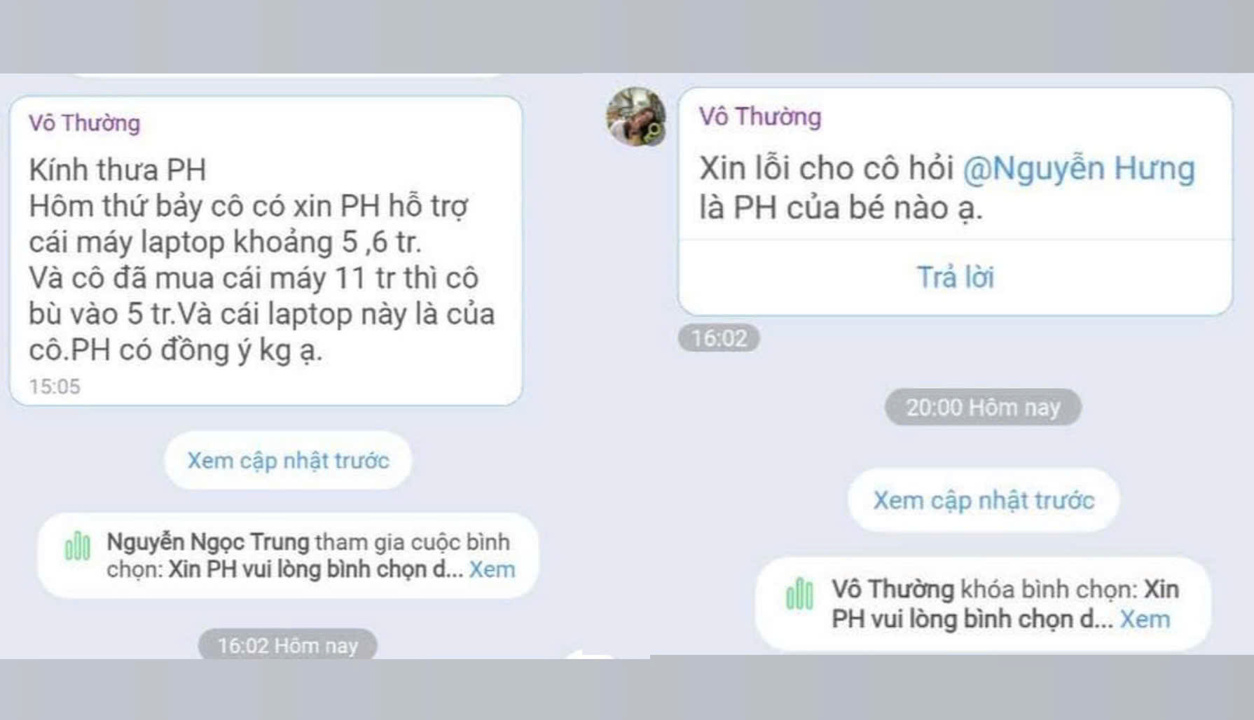 Tin nhắn của cô H. trong nhóm Zalo phụ huynh lớp 4/3.