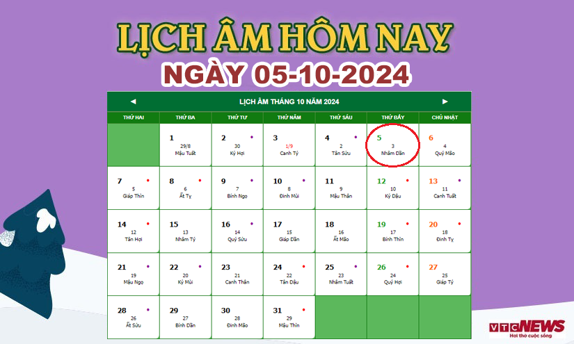 Xem lịch âm hôm nay ngày 5/10/2024