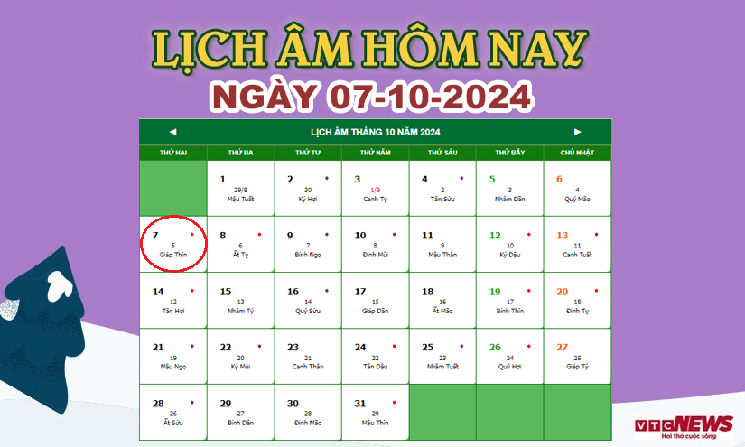 Xem lịch âm hôm nay ngày 7/10/2024