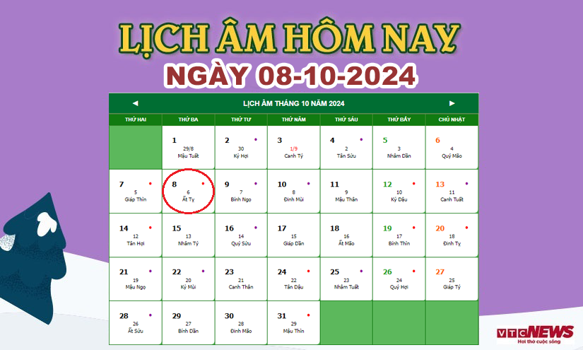 Xem lịch âm hôm nay ngày 8/10/2024