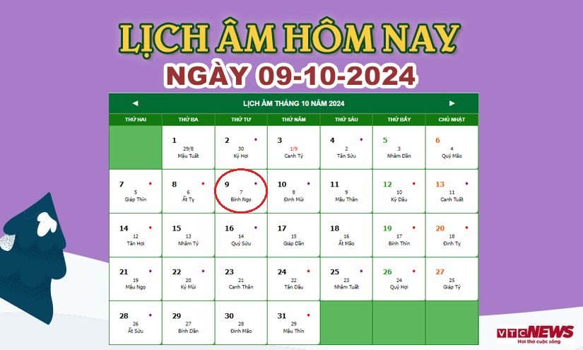 Xem lịch âm hôm nay ngày 9/10/2024