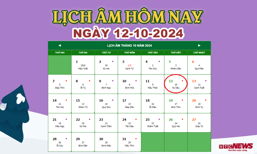 Xem lịch âm hôm nay ngày 12/10/2024