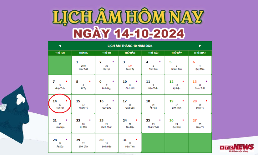 Xem lịch âm hôm nay ngày 14/10/2024