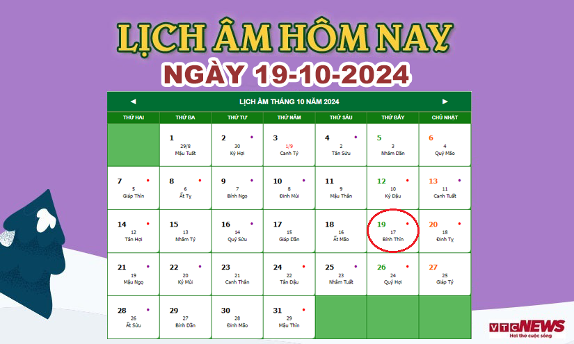 Xem lịch âm hôm nay ngày 19/10/2024