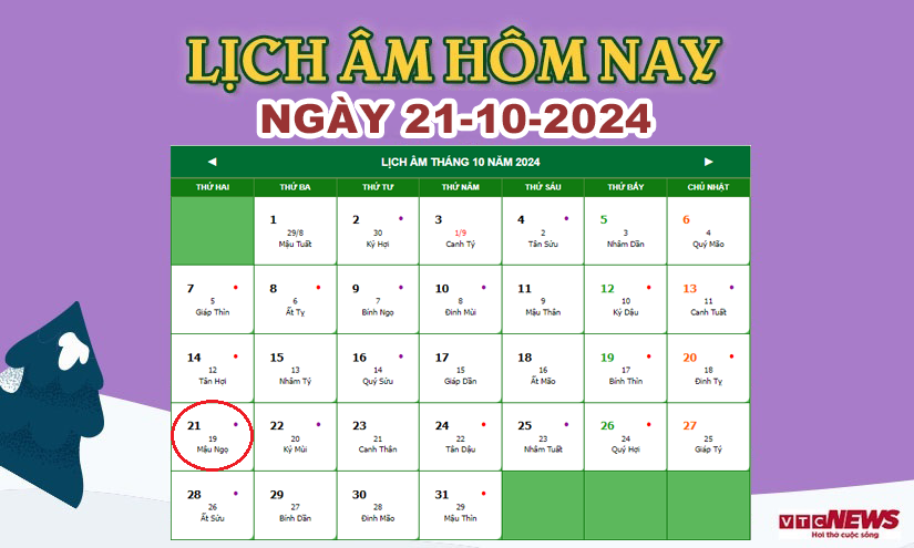 Xem lịch âm hôm nay ngày 21/10/2024.