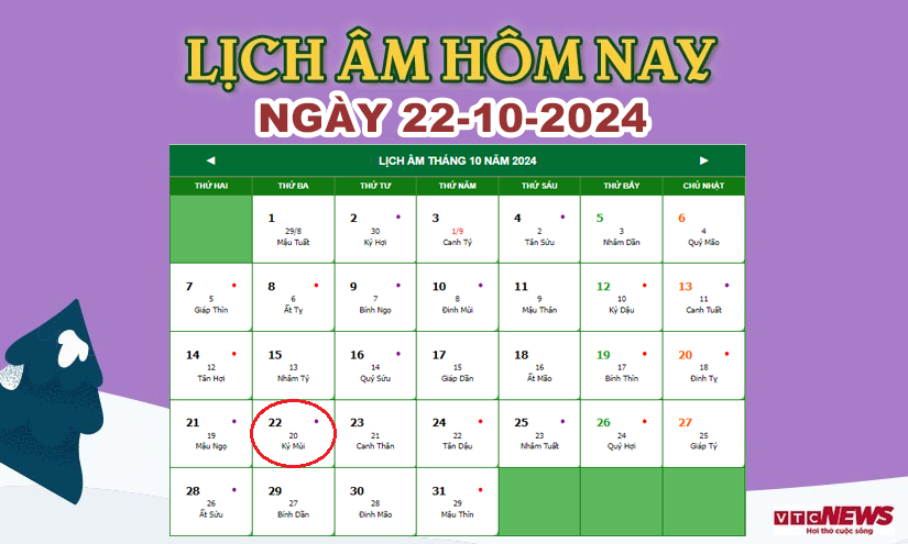 Xem lịch âm hôm nay ngày 22/10/2024.