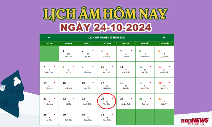 Xem lịch âm hôm nay ngày 24/10/2024.