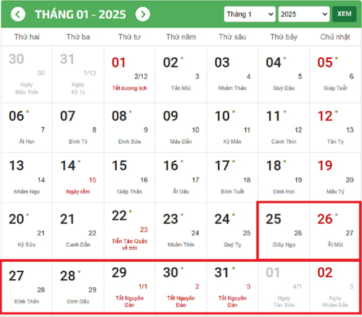 Lịch nghỉ Tết Nguyên đán 2025 kéo dài từ ngày 25/1/2025 - 2/2/2025 Dương lịch. (Ảnh chụp màn hình)