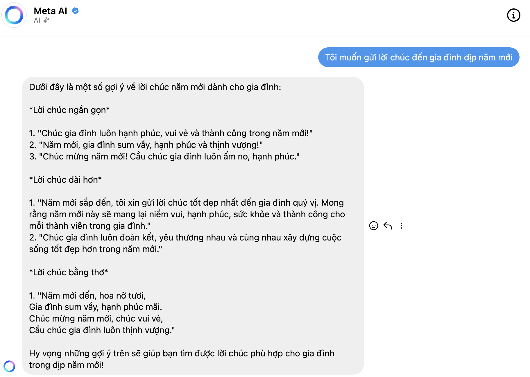 Nhờ Meta viết lời chúc năm mới gửi đến gia đình. (Ảnh chụp màn hình)