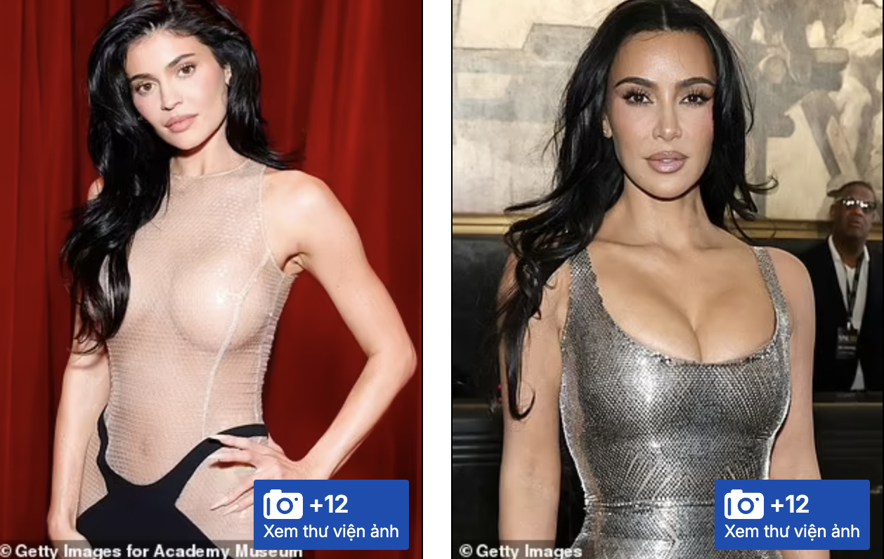 Ảnh bên trái là Kylie Jenner (27 tuổi) vào tháng 10/2024, ảnh phải là Kim Kardashian (44 tuổi) chụp tháng 2/2025.