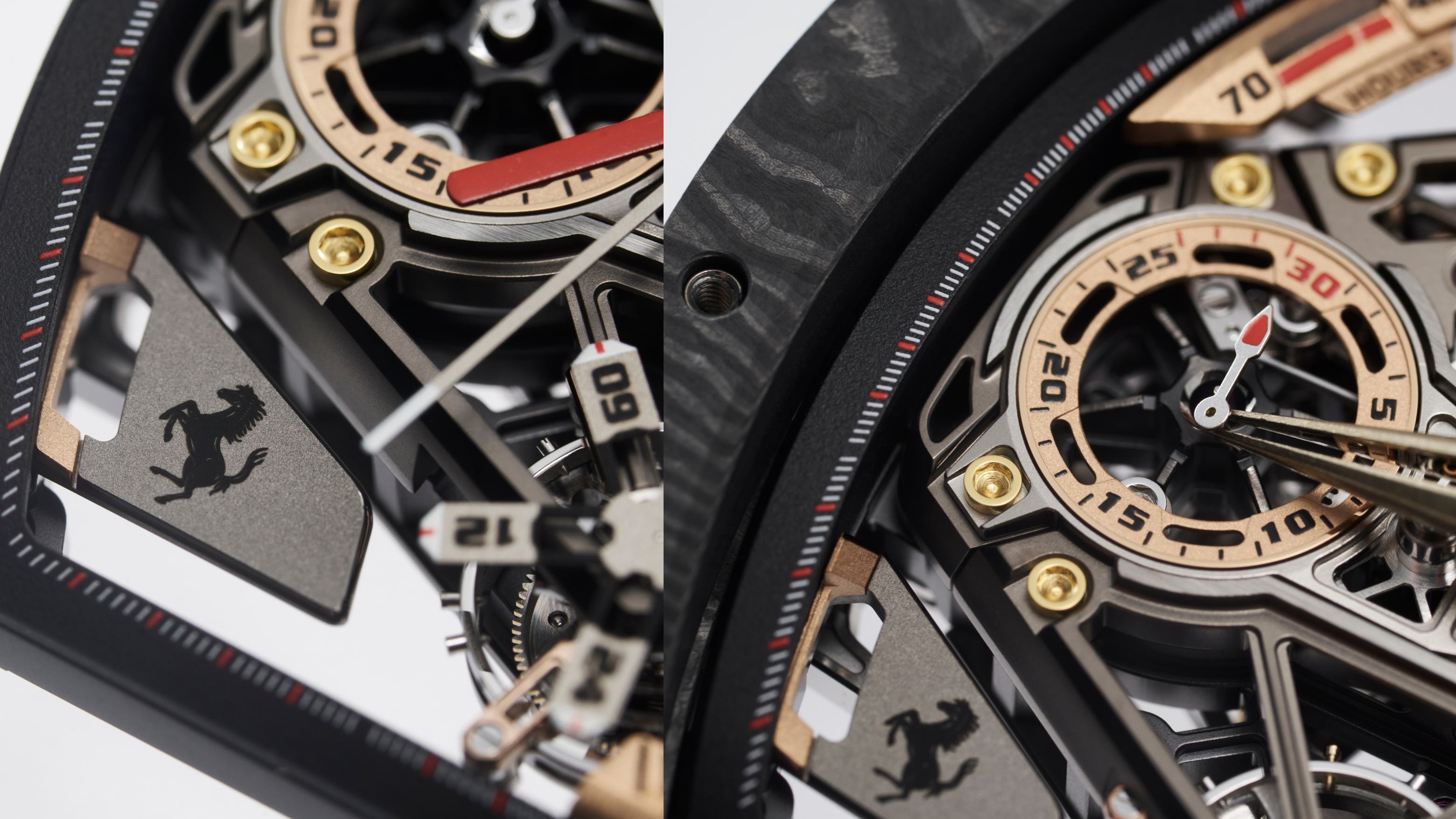 Hệ thống bánh răng, tourbillon, và các cầu nối titanium đan xen cùng những chi tiết tinh vi của một cỗ máy Ferrari.