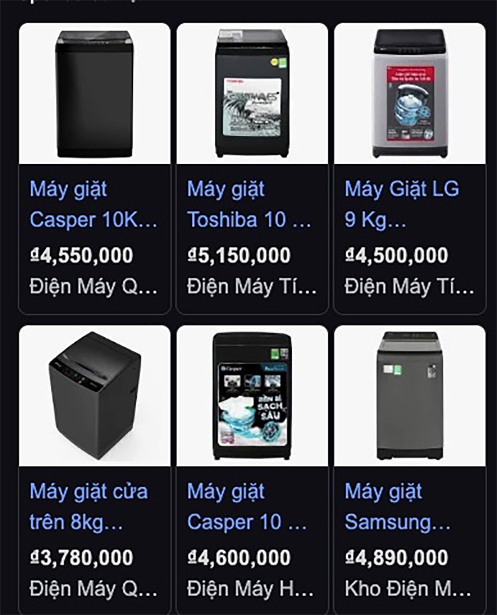 Máy giặt cửa trên hàng mới đang được các cửa hàng bán với giá 3,5 - 5 triệu đồng. (Ảnh chụp màn hình).