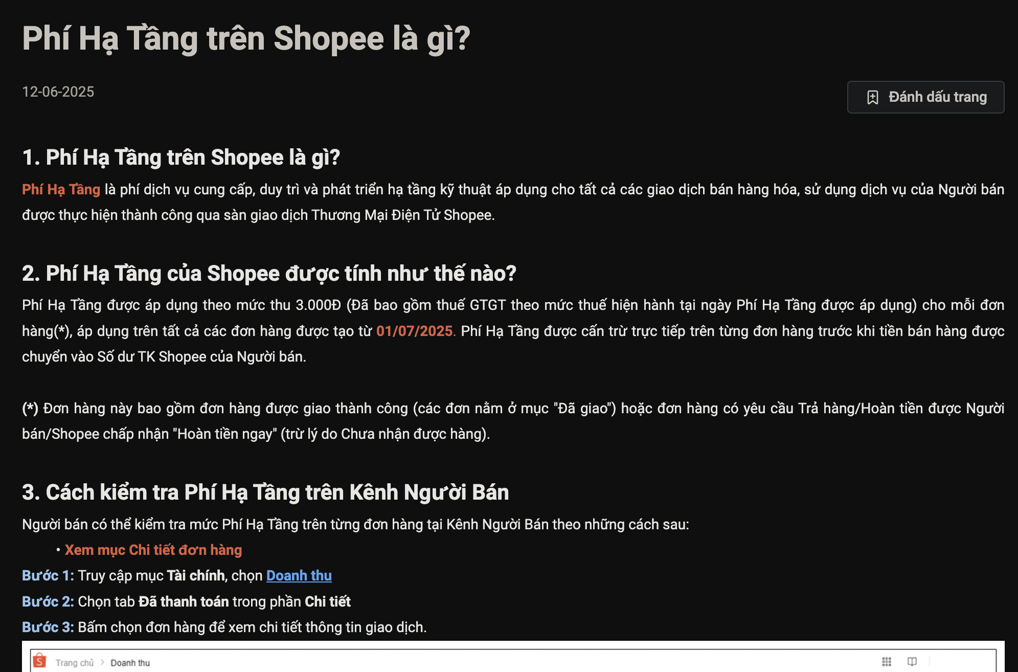Shopee thông báo thu phí hạ tầng 3.000 đồng/đơn hàng từ ngày 1/7. (Ảnh: chụp màn hình)