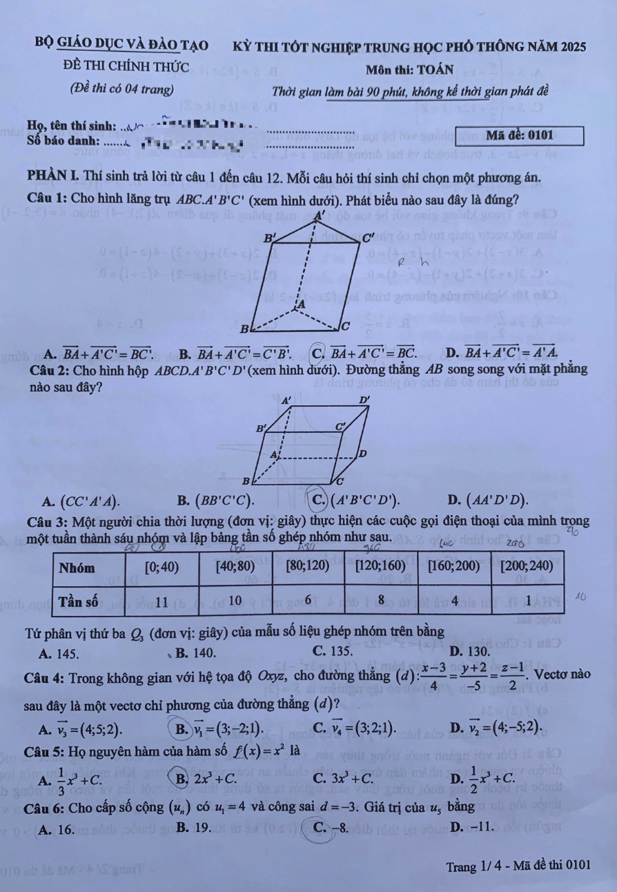 Đáp án đề thi môn Toán tốt nghiệp THPT 2025 Full mã đề chính xác - 25