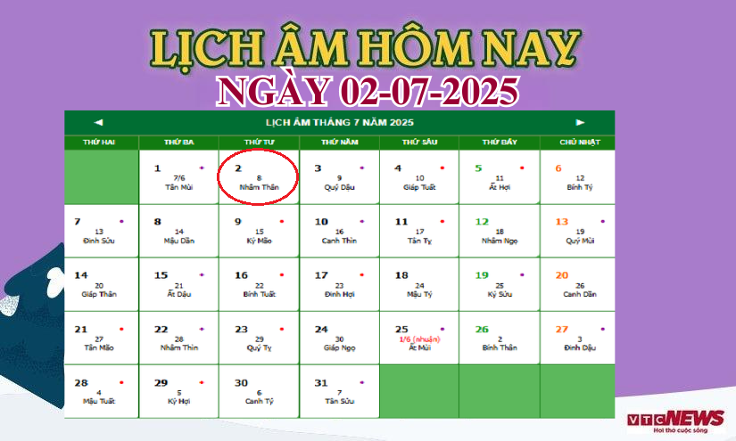 lich am 02 07 2025 15570476 - Lịch âm hôm nay 2/7: Ngày Tân Mùi tiểu cát, tránh xuất hành xa