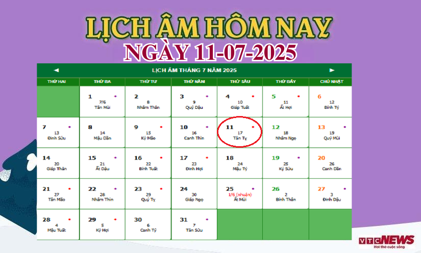 lich am 11 7 2025 20310003 - Lịch âm hôm nay 11/7: Ngày hoàng đạo cát lành, thuận lợi mở hàng và cầu tài