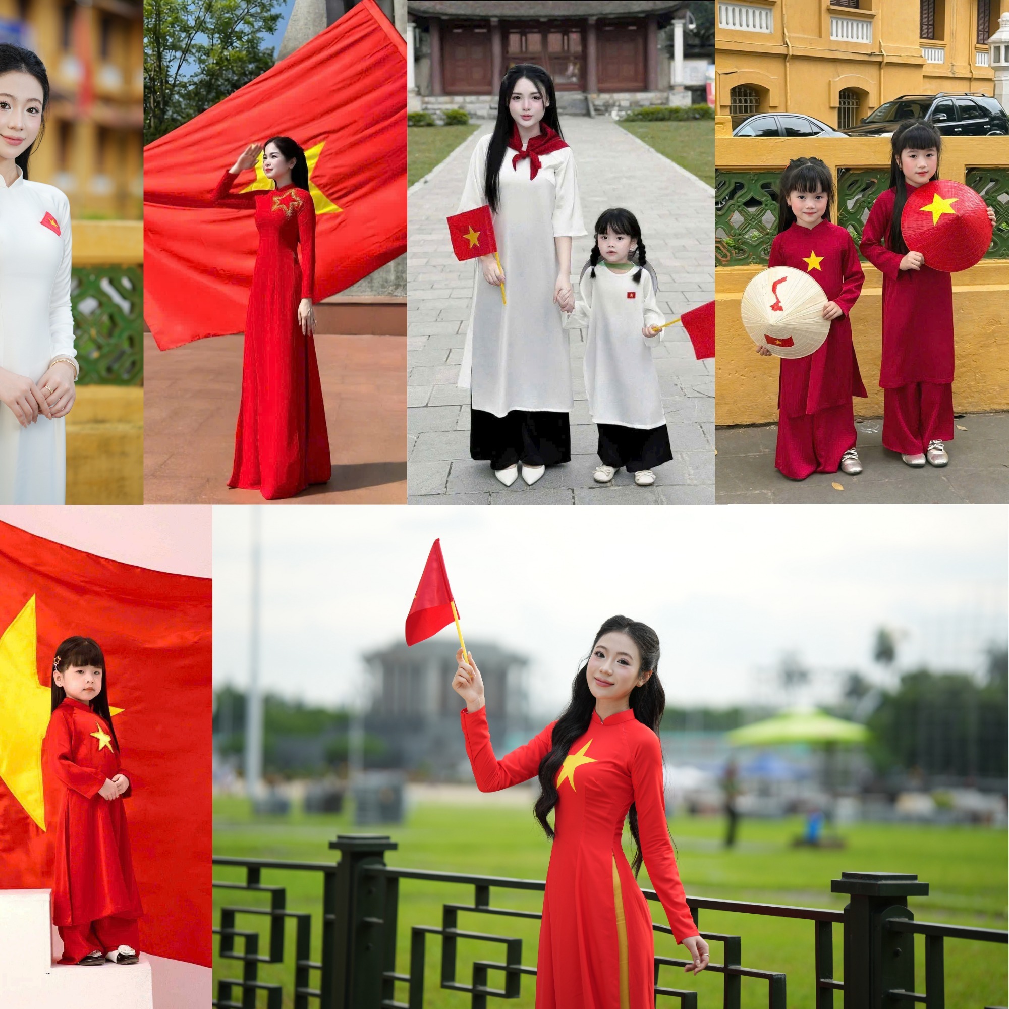 Áo dài cờ đỏ sao vàng cũng là mặt hàng được đông đảo chị em lựa chọn, giá từ 300.000 - 450.000 đồng/mẫu. Áo dài cho các bé từ 149.000 đống/chiếc. (Ảnh: FB Áo Dài Cao Cấp Shina)