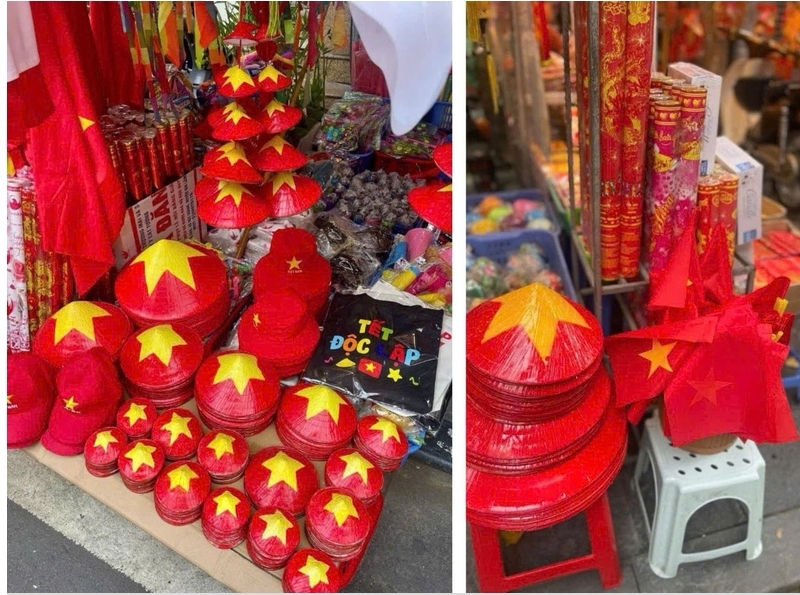 Các phụ kiện như cờ Tổ quốc đủ kích cỡ, băng rôn mini, nón sao vàng...giá dao động từ 15.000 - 100.000 đồng đang được bày bán rầm rộ. (Ảnh: Công Thương)