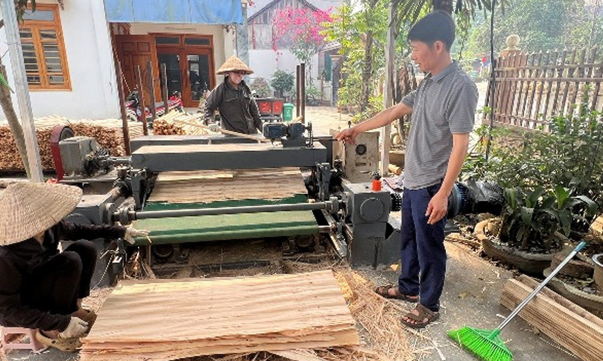 Anh Mai Tiến Thắng - Phó giám đốc HTX Nông Lâm nghiệp Thành Lâm, điều hành công nhân ép ván.