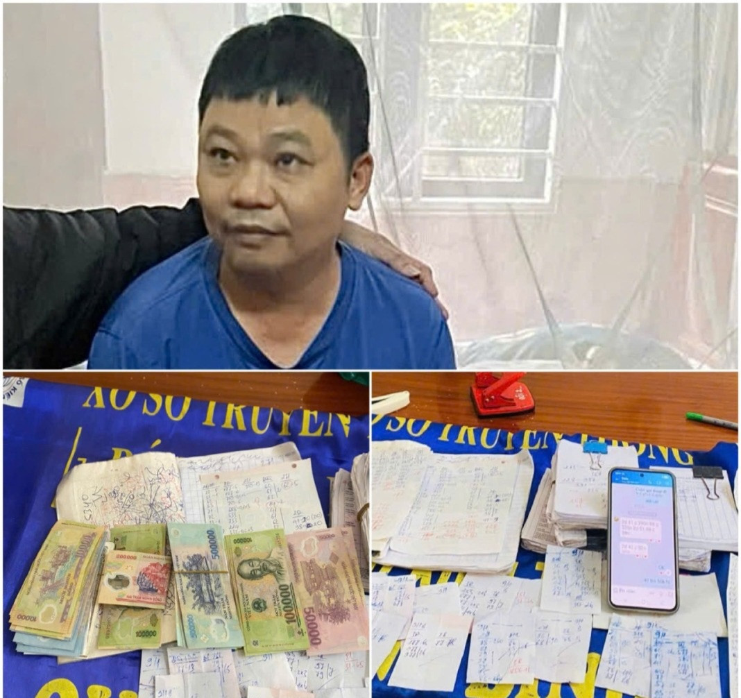 Lê Thế Thiết là kẻ cầm đầu đường dây đánh bạc cùng tang vật vụ án. (Ảnh: Công an Quảng Trị)