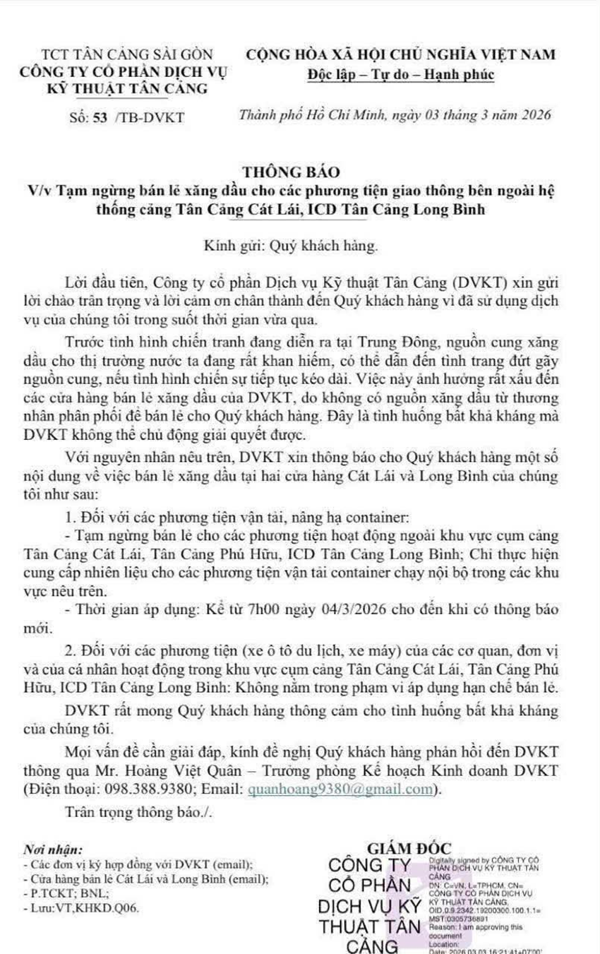 Thông báo tạm ngưng bán lẻ xăng dầu ra bên ngoài của Công ty CP Dịch vụ Kỹ thuật Tân Cảng được thu hồi ngay trong chiều 4/3.