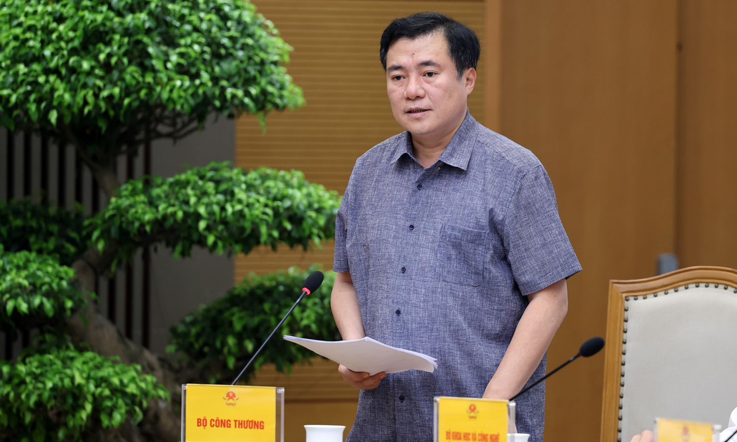 Thứ trưởng Bộ Công Thương Nguyễn Sinh Nhật Tân báo cáo tại cuộc họp. (Ảnh: VGP)